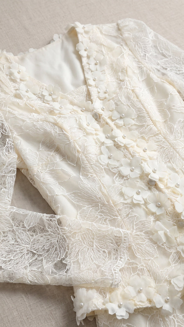 Cream Floral Lace Peplum Top & A-Line Midi Skirt Two-Piece Set