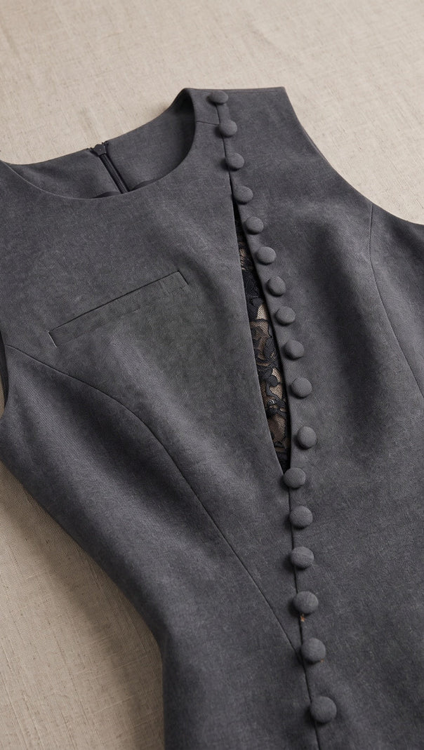 Charcoal Grey Structured Wool-Blend Suiting Sheath Mini Dress