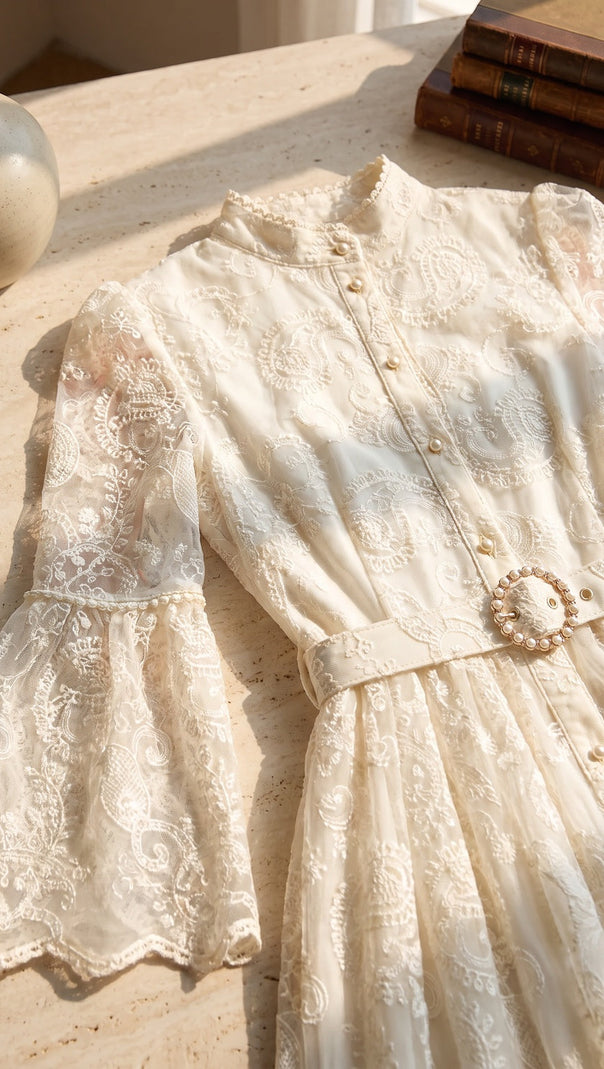 Cream Embroidered Floral Lace A-Line Dress