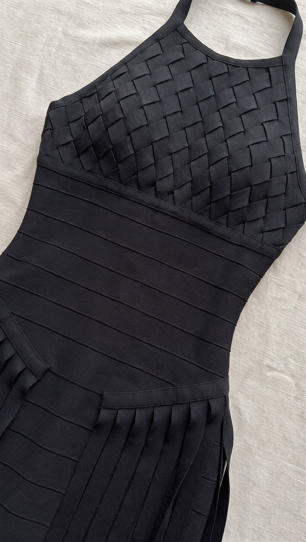 Black Bandage Knit Bodycon Gown with Fringe Overlay