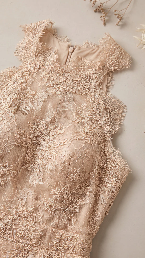 Beige Corded Floral Lace A-Line Midi Dress with Asymmetrical Hem