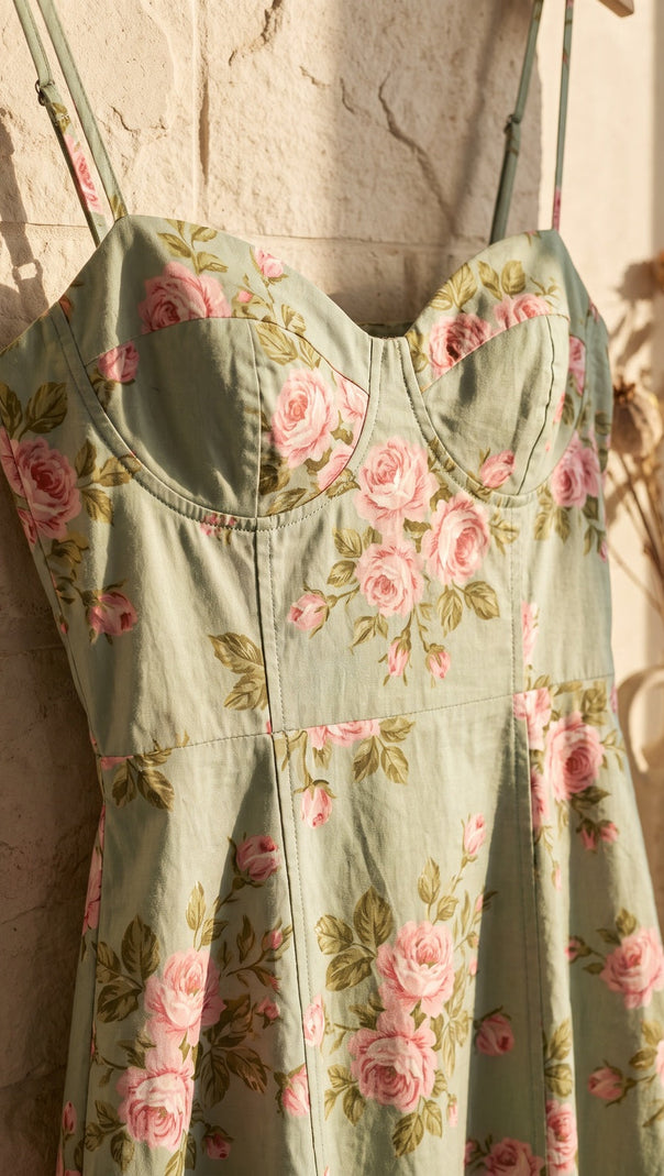 Pale Sage Green Structured Woven Cotton or Jacquard Fit-and-Flare Dress