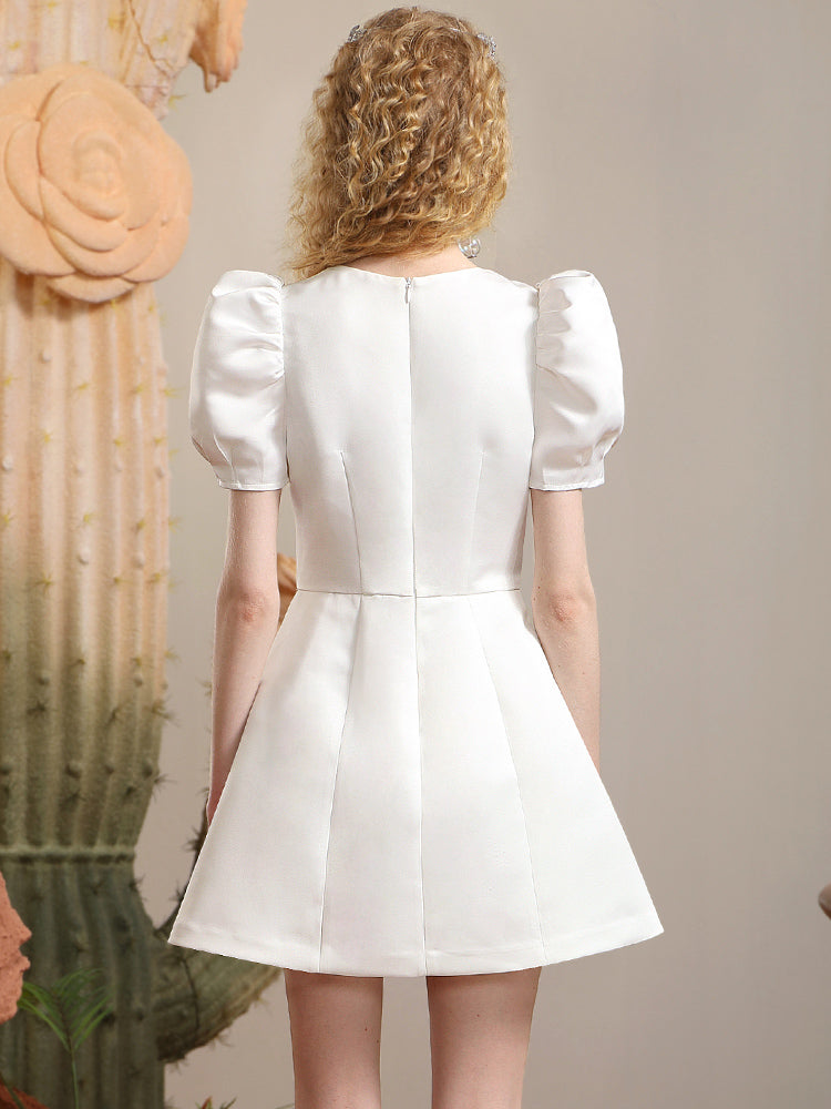 AIIZIE RIBBON PUFF-SLEEVE PRINCESS A-LINE DERSS IN WHITE - product image
