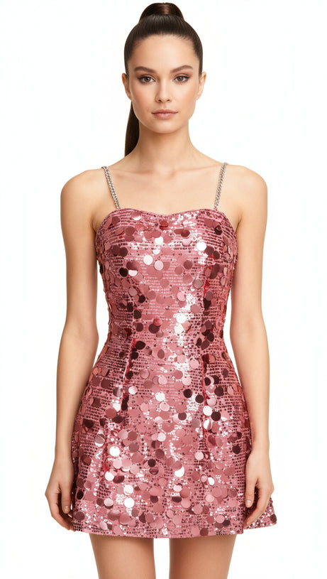 ISABELA DAZZLING PINK SEQUIN MINI DRESS WITH GLAMOROUS CHAIN STRAPS