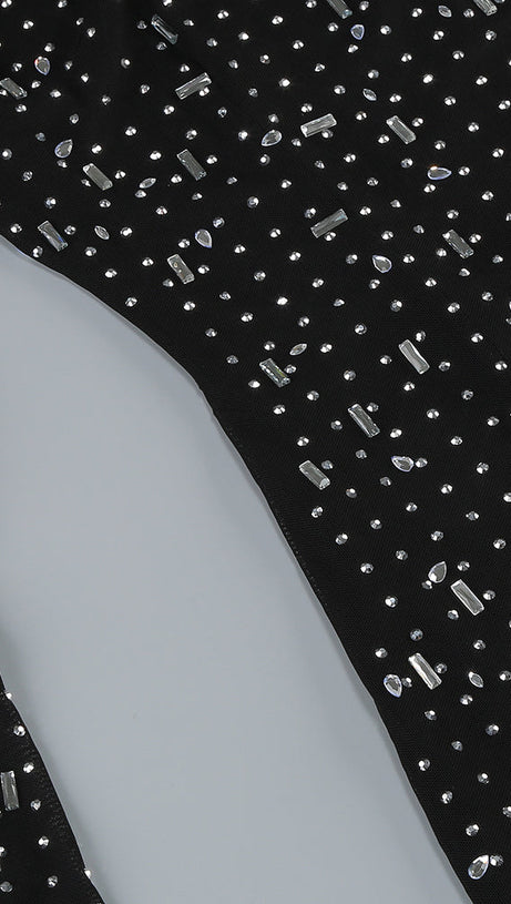 CRYSTAL EMBELLISHED MESH MIDI DRESS IN BLACK