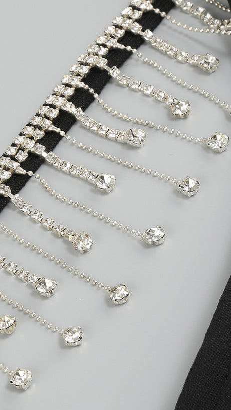 RHINESTONE METAL CHAIN TASSEL BANDAGE DRESS