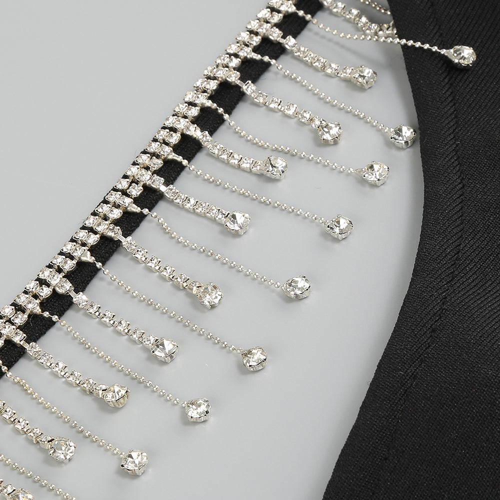 RHINESTONE METAL CHAIN TASSEL BANDAGE DRESS