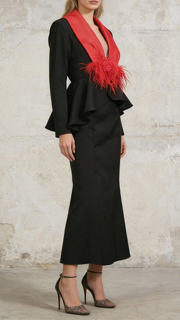 AIIZIE Janiya Black Peplum Blazer & Maxi Skirt Set with Dramatic Red Feather Accent - product image