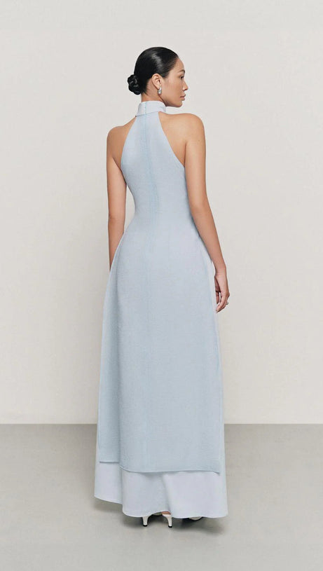 YEN LAYERED HIGH NECK FLOSS SILK MAXI DRESS IN BLUE