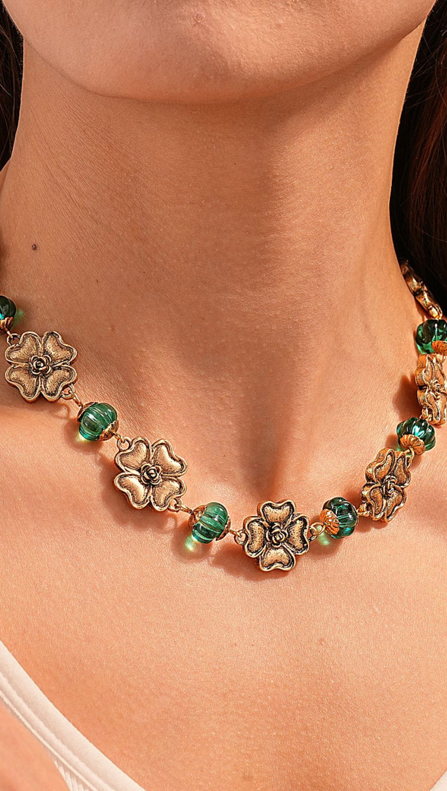 Jacoby Vintage Floral & Teal Beaded Choker Necklace for Women