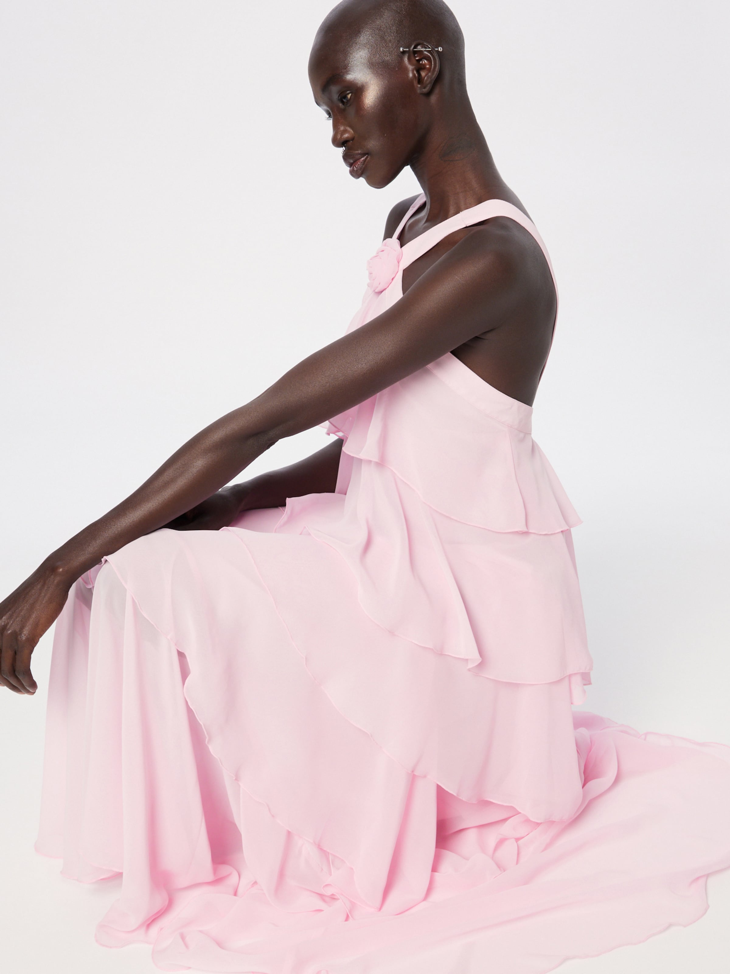 LAYER-EMBELLISHED NECKHOLDER MAXI DRESS IN PINK