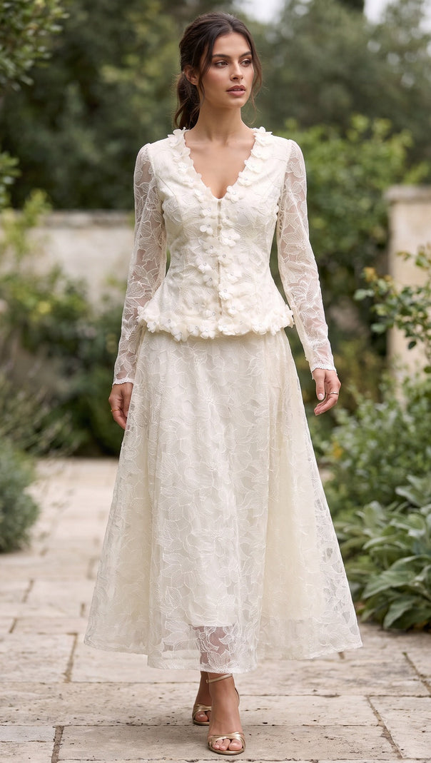 Cream Floral Lace Peplum Top & A-Line Midi Skirt Two-Piece Set