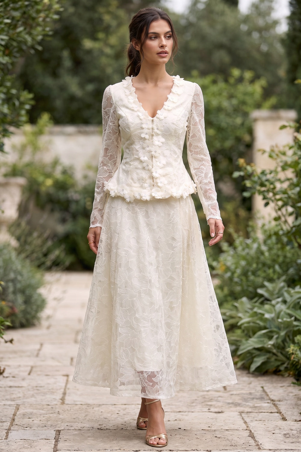 Cream Floral Lace Peplum Top & A-Line Midi Skirt Two-Piece Set