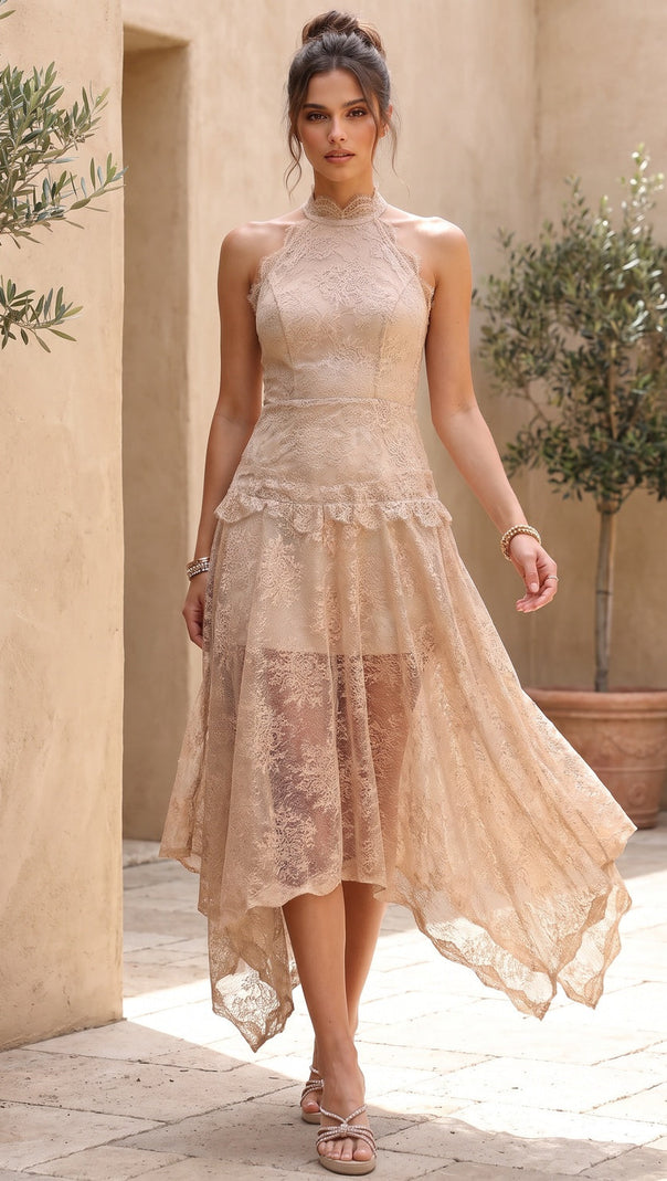Beige Corded Floral Lace A-Line Midi Dress with Asymmetrical Hem