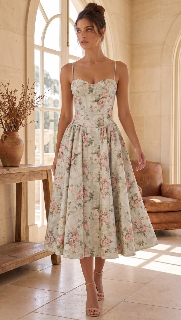 Pale Sage Green Structured Woven Cotton or Jacquard Fit-and-Flare Dress