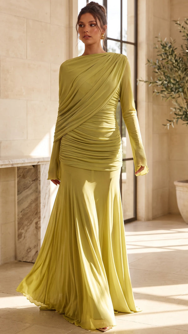 Chartreuse Ruched Mesh Gown