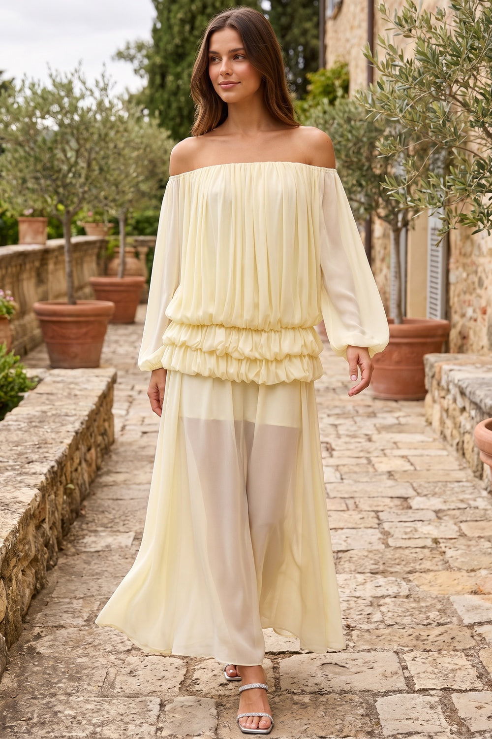 Pale Yellow Chiffon Off-The-Shoulder Blouson Two-Piece Set