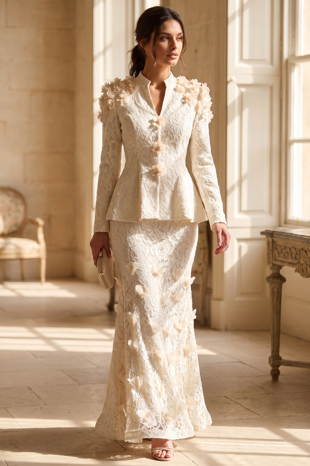 Ivory Corded Floral Lace Two-Piece Skirt Suit