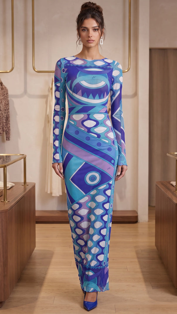 Blue Purple Geometric Abstract Column Maxi Dress in Stretch Mesh