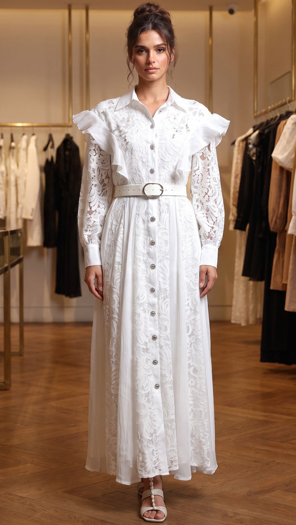 White Floral Lace A-Line Maxi Shirt Dress