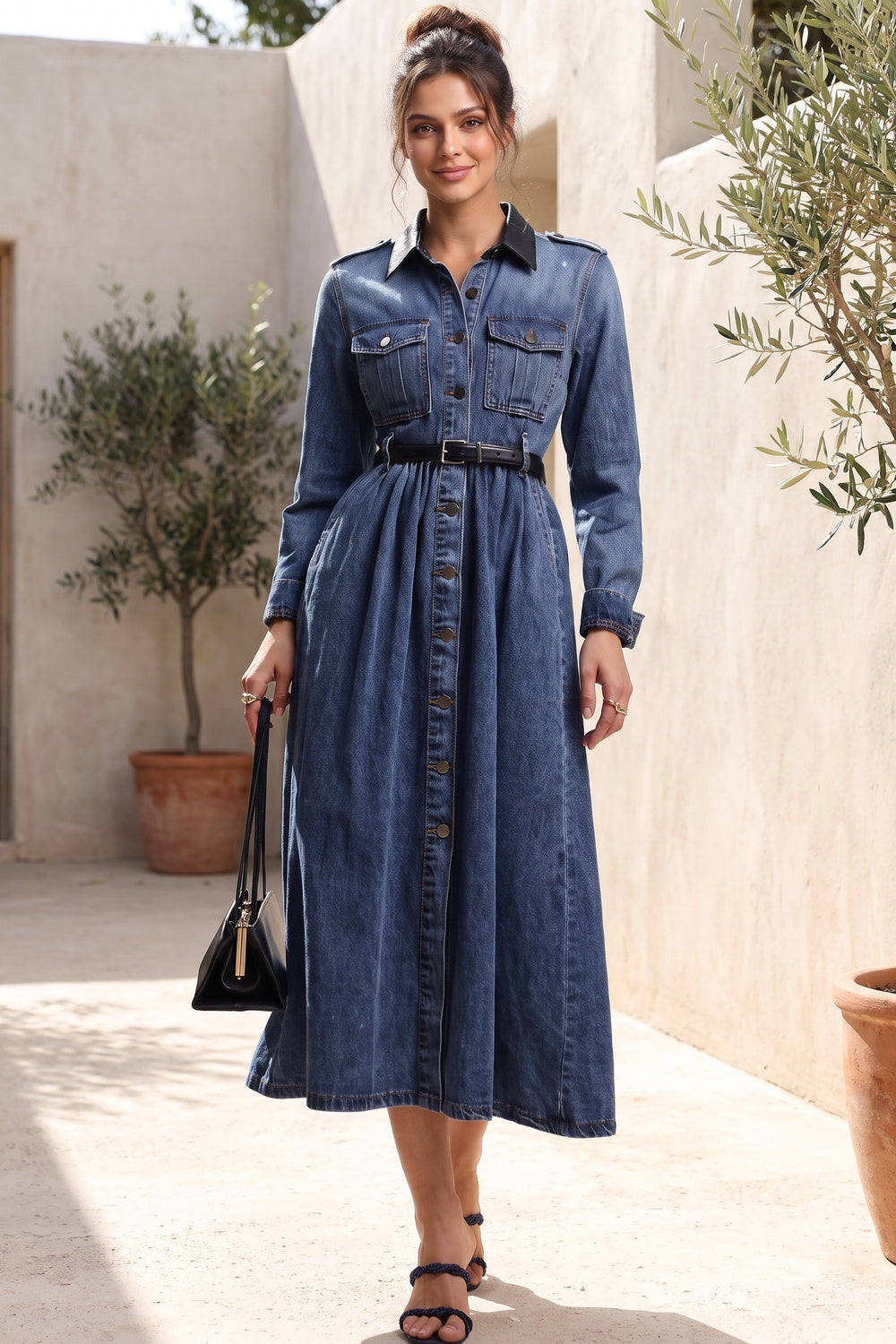 Medium Blue Denim A-Line Shirt Dress with Contrast Collar