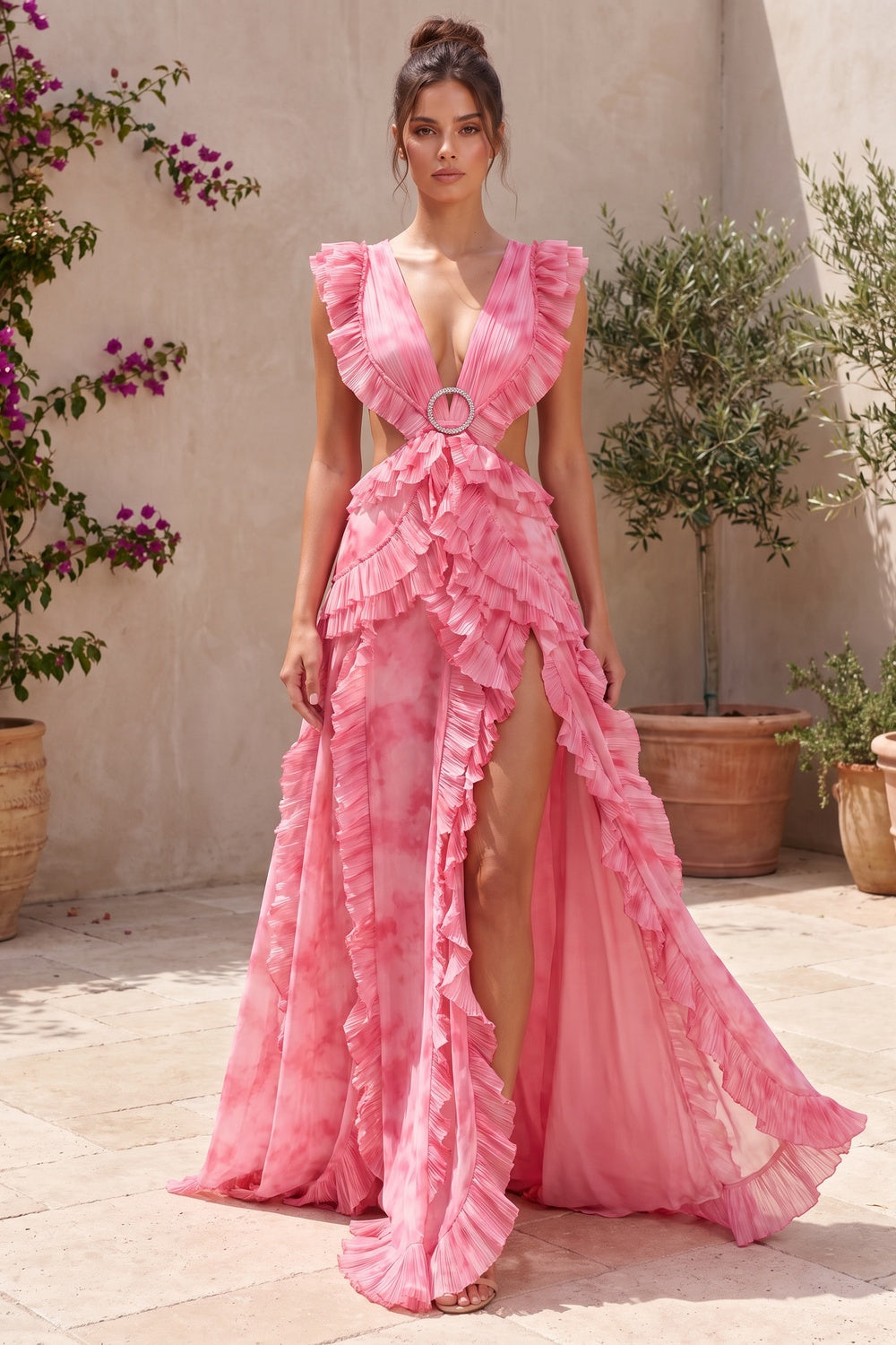 Pink Watercolor Chiffon A-Line Gown with Waist Cut-Outs