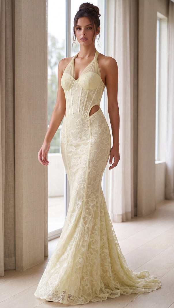Pale Yellow Floral Lace Mermaid Gown