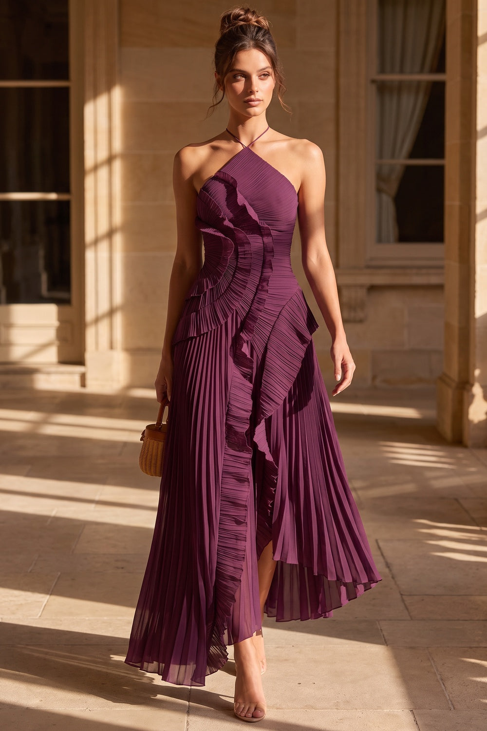 Deep Plum Asymmetrical Pleated Ruffle A-Line Dress