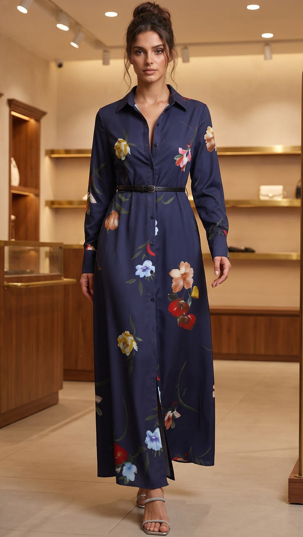 Navy Blue Floral Satin-Weave A-Line Shirt Dress
