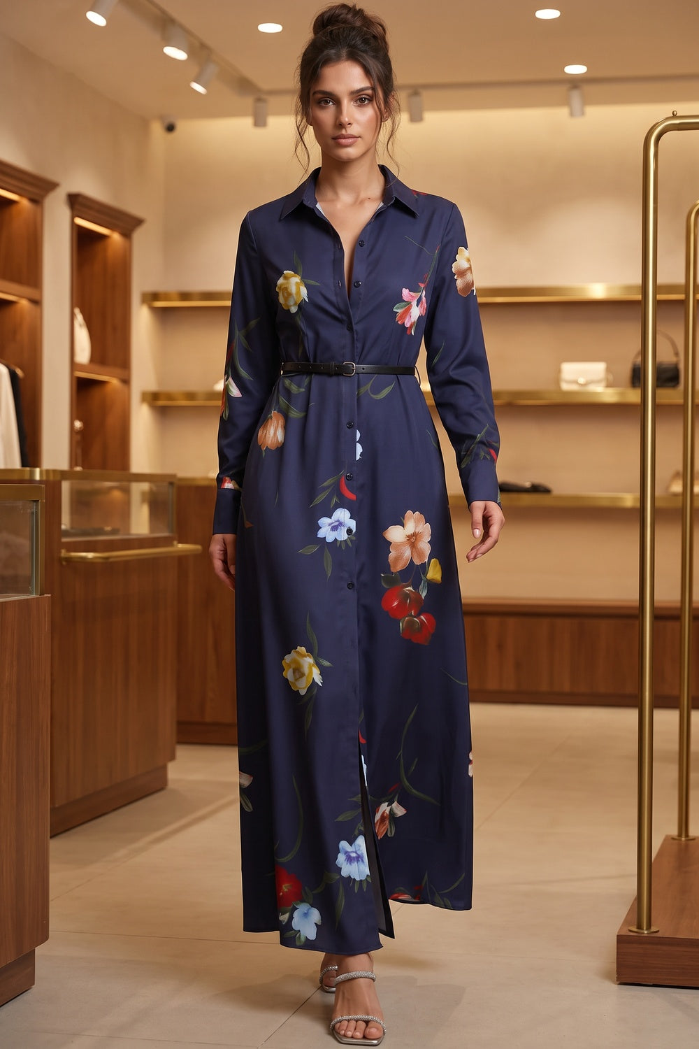 Navy Blue Floral Satin-Weave A-Line Shirt Dress