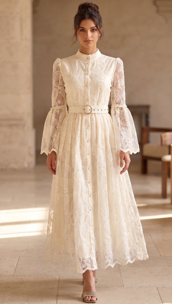 Cream Embroidered Floral Lace A-Line Dress