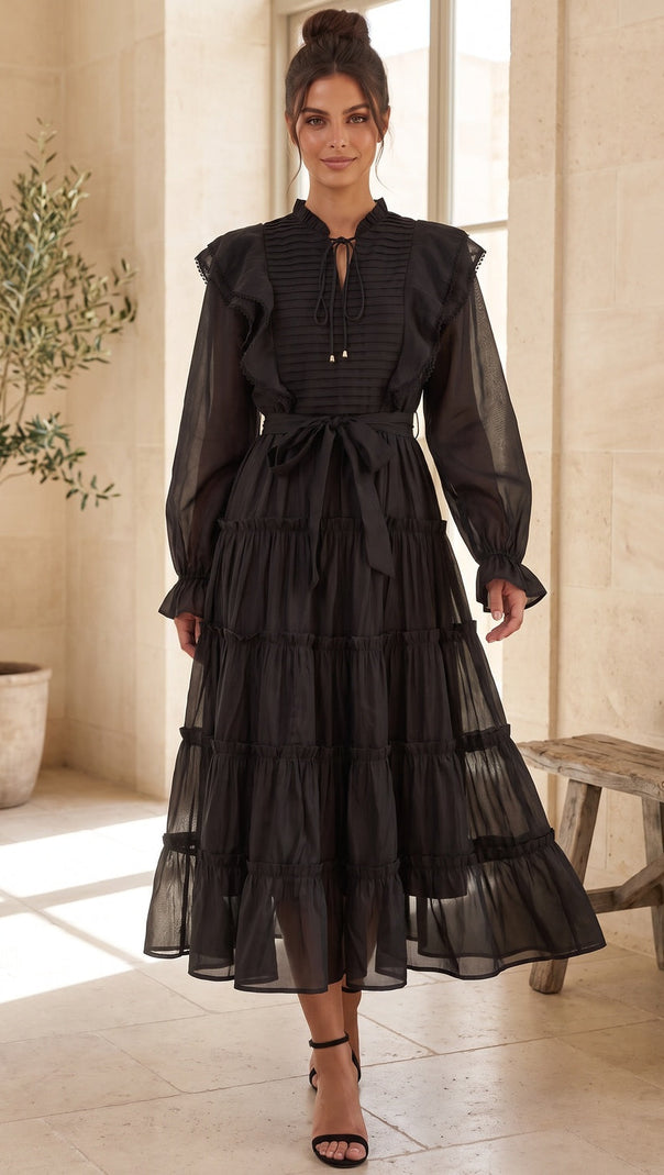 Black Tiered A-Line Midi Dress with Bishop Sleeves