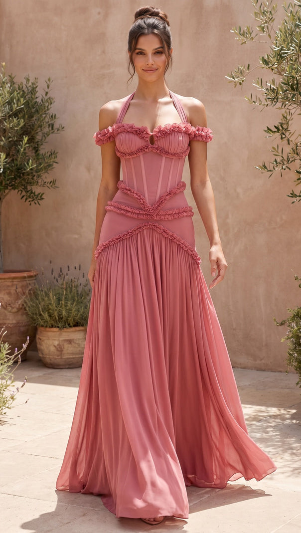 Dusty Rose Fitted Corset Gown with Tiered Ruffles and Halter Neck