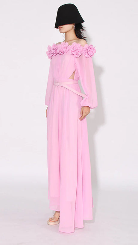 ASCELLA FLOWER SHOULDER MAXI DRESS IN PINK