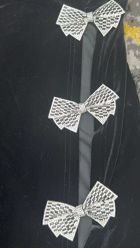 BOW HIGH SPLIT VELVET STRAPLESS DRESS