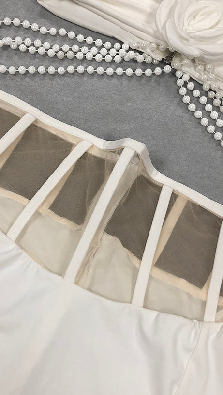 BELEN HIGHT SLIT PEARL HALTER MIDI DRESS IN WHITE