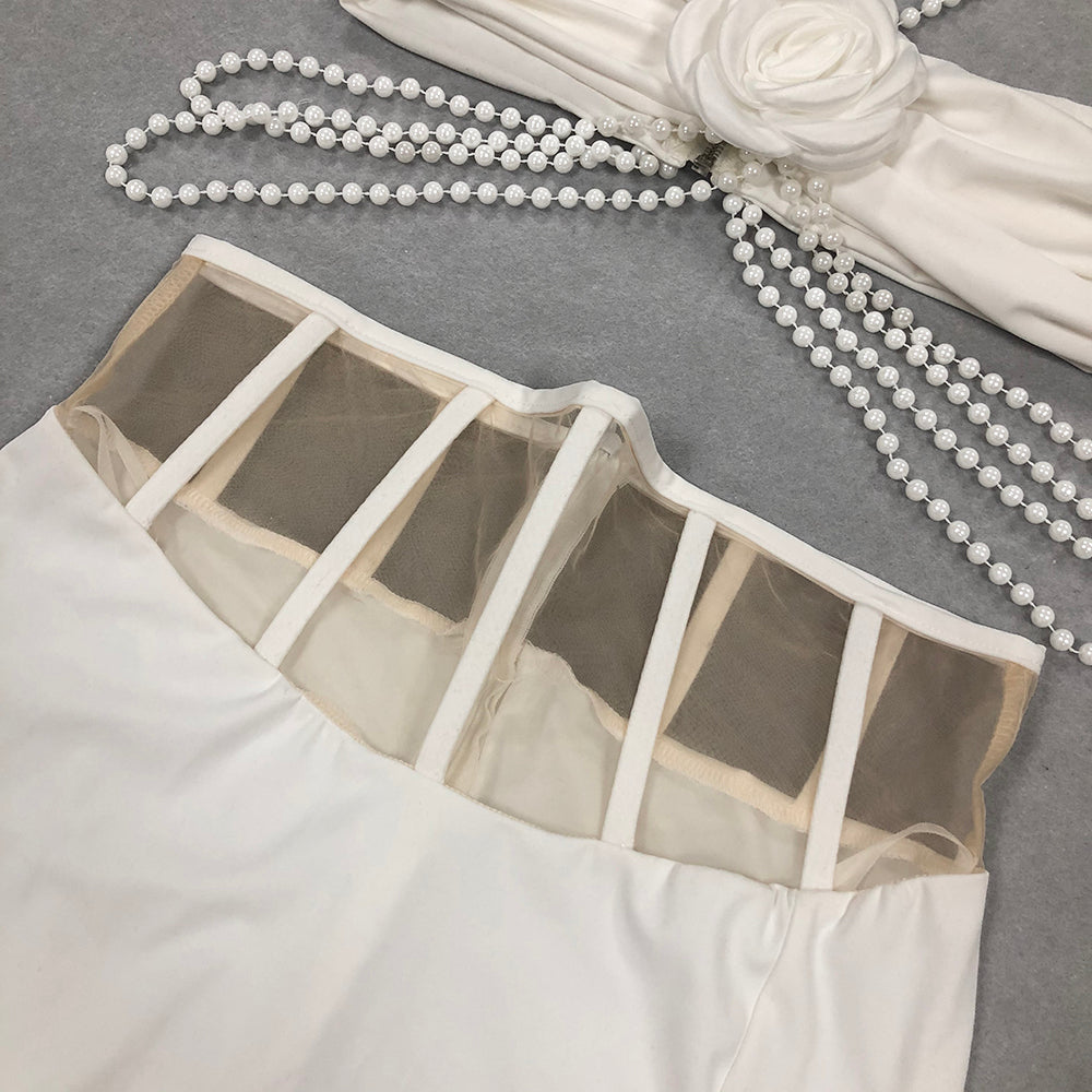 AIIZIE BELEN HIGHT SLIT PEARL HALTER MIDI DRESS IN WHITE - product image