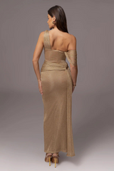 One Shoulder Draped Metallic Gown