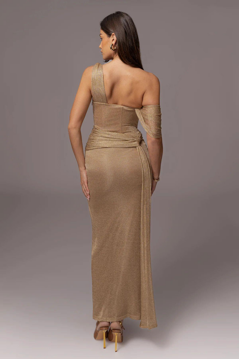 One Shoulder Draped Metallic Gown