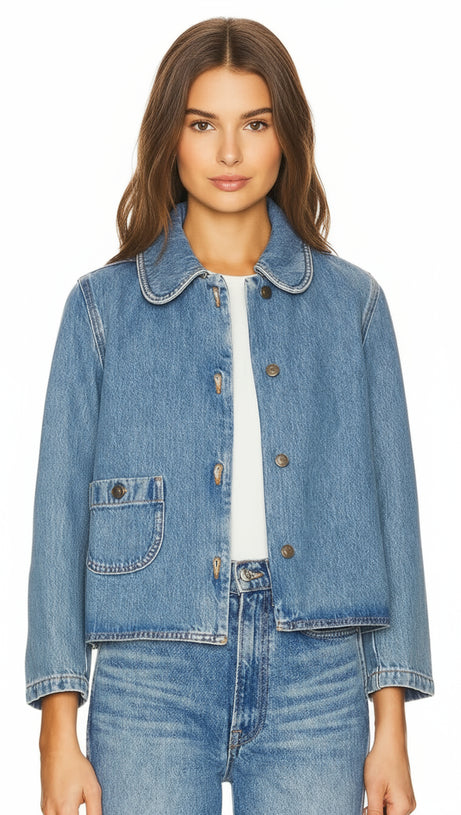 HARMONI CHIC CROPPED DENIM JACKET - EFFORTLESS STYLE & ROUNDED COLLAR