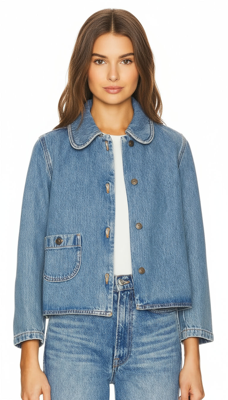 HARMONI CHIC CROPPED DENIM JACKET - EFFORTLESS STYLE & ROUNDED COLLAR