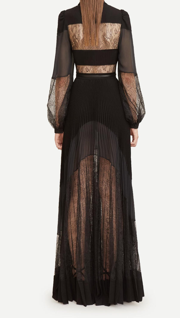 AIIZIE SIMONA LACE SPLICE PLEATED MAXI DRESS IN BLACK - product image