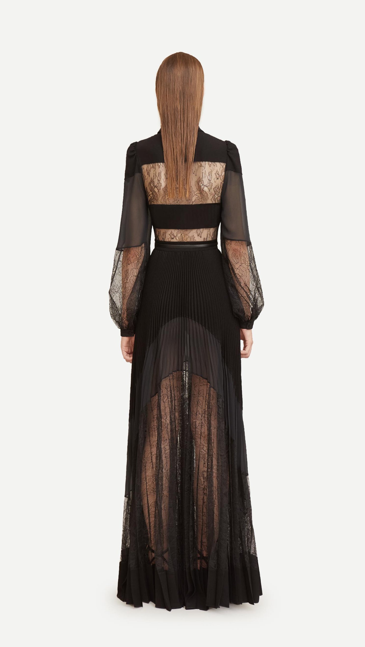 SIMONA LACE SPLICE PLEATED MAXI DRESS IN BLACK