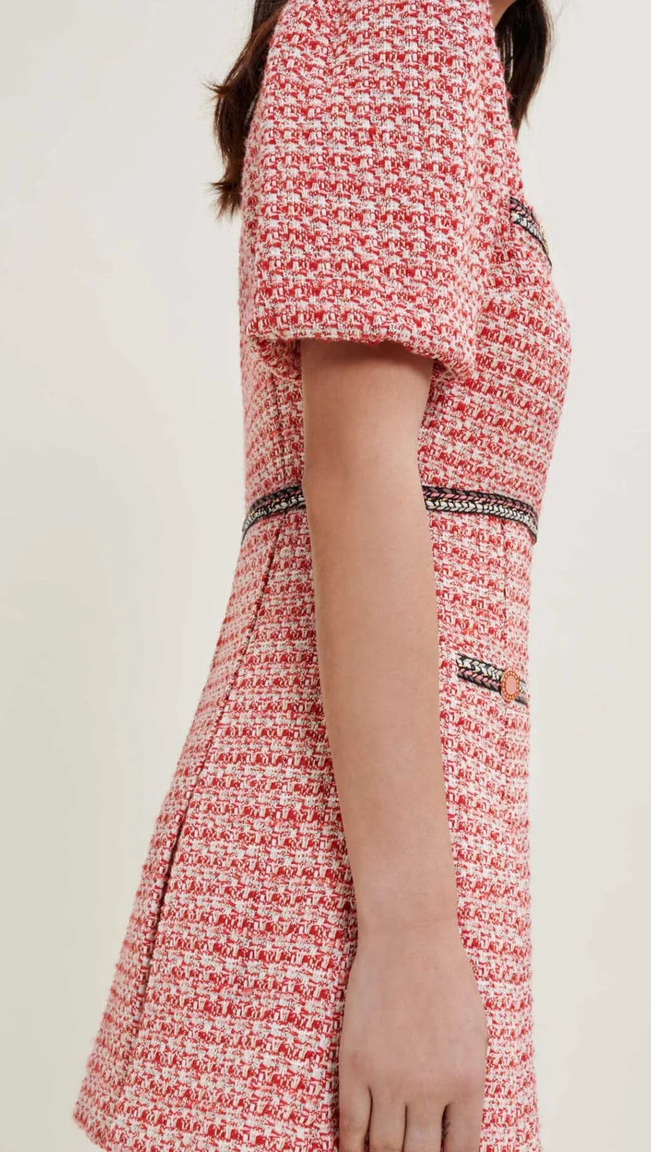 TWEED DRESS WITH ETHNIC TRIM IN PINK