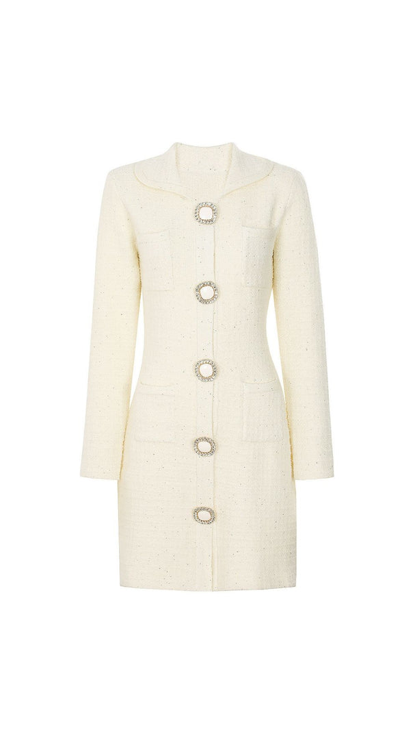 AIIZIE Joanna Luxe Tweed-Inspired Knit Mini Dress | Embellished Button & Pockets - product image