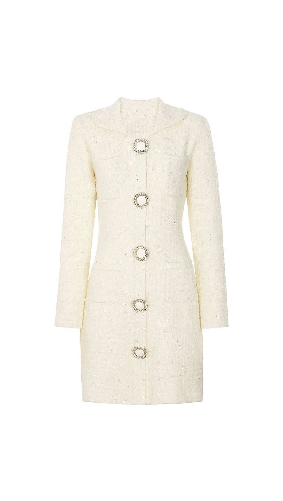 Joanna Luxe Tweed-Inspired Knit Mini Dress | Embellished Button & Pockets