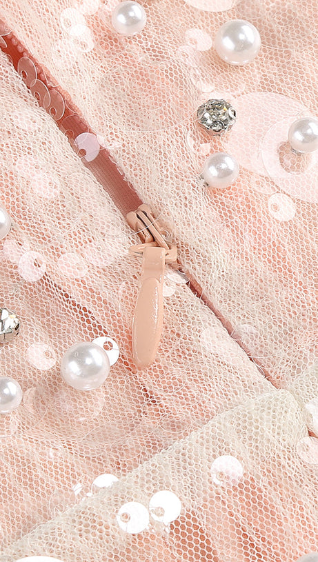 PEARL SEQUIN EMBROIDERED GOWN IN PINK