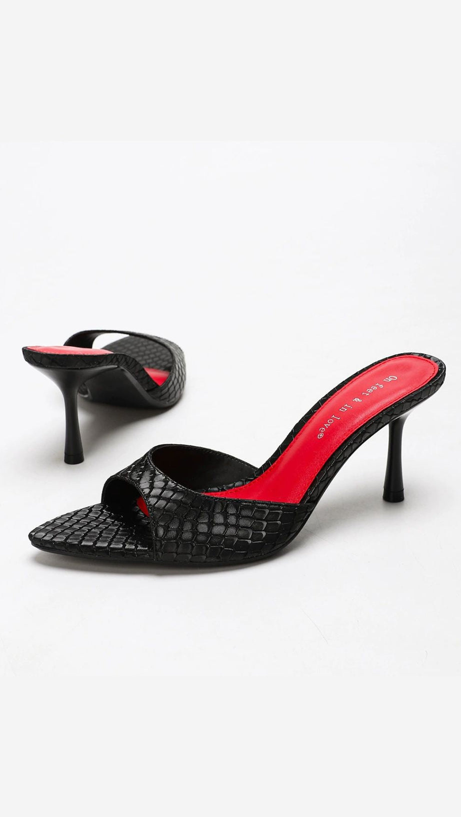 HOOPER BLACK CROC-EMBOSSED POINTED TOE MULES | STILETTO HEELS WITH RED INSOLE