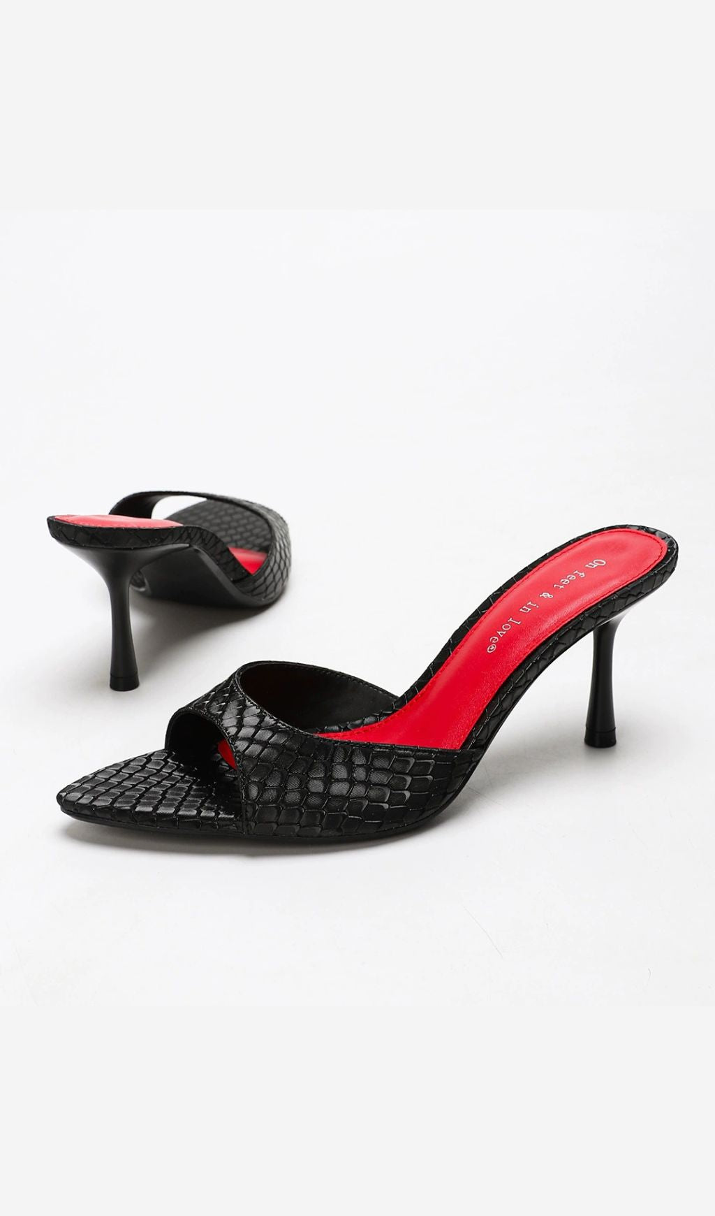 HOOPER BLACK CROC-EMBOSSED POINTED TOE MULES | STILETTO HEELS WITH RED INSOLE