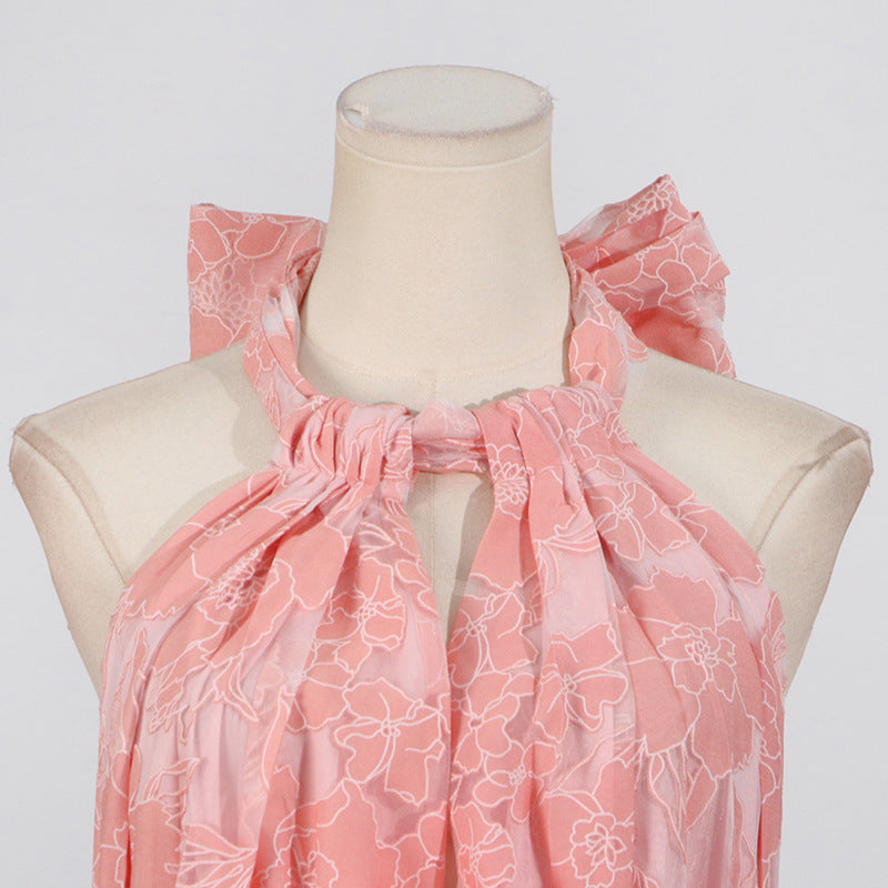 HALTER FLOWER RRUFFLE MAXI DRESS IN PINK